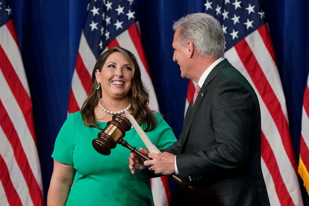 PHOTO: RNC Chairwoman, Ronna McDaniel, hands the gavel to House Minority Leader Kevin McCarthy of Calif., before he speaks on the first day of the Republican National Convention at the Charlotte Convention Center on Aug. 24, 2020, in Charlotte, NC.