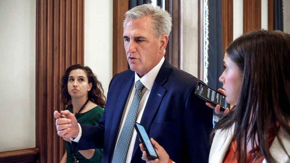 PHOTO: House Minority Leader Kevin McCarthy talks to reporters as he walks to his office on Capitol Hill in Washington, D.C., Sept. 21, 2022.