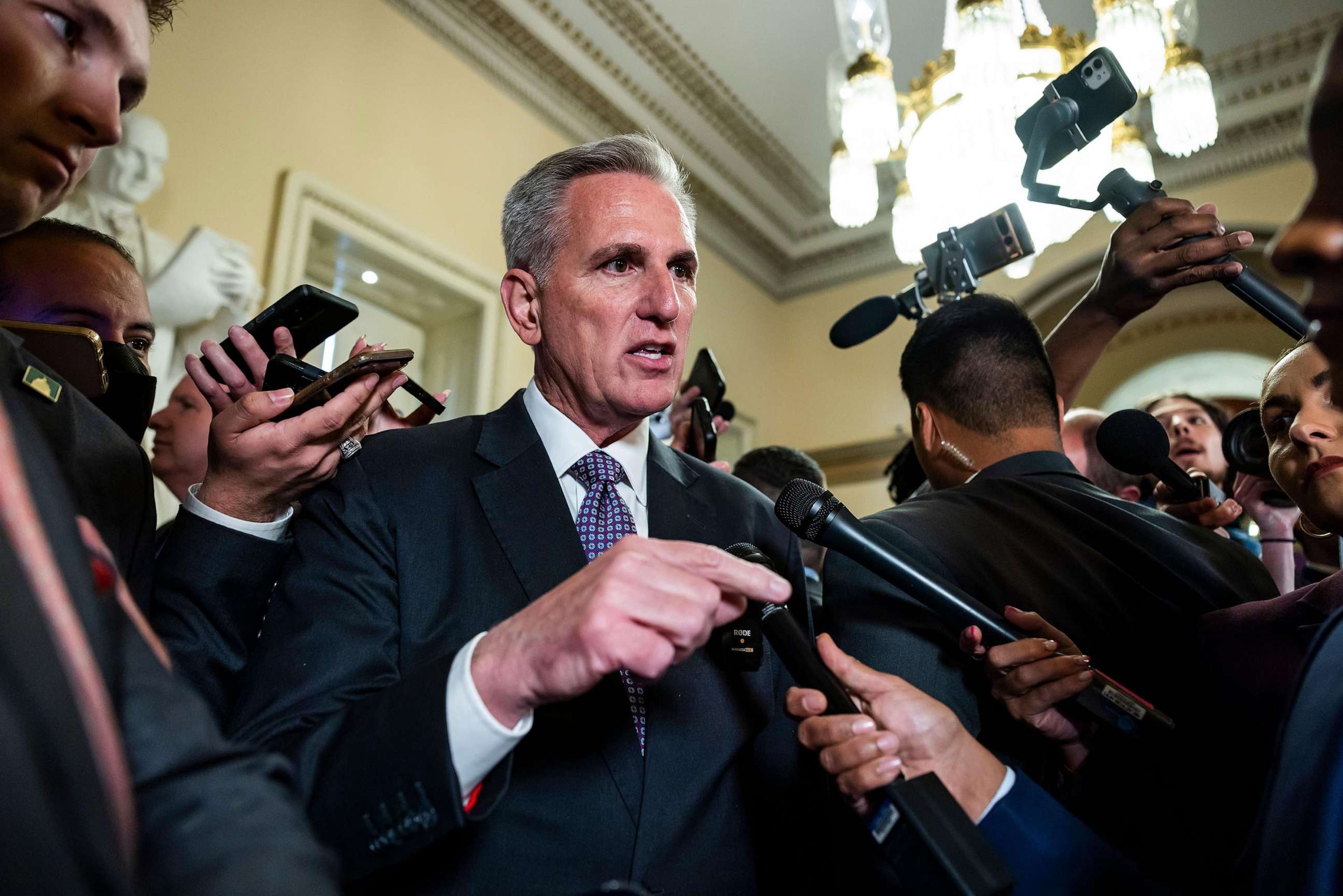 PHOTO: Speaker of the House Kevin McCarthy speaks briefly to the media on the day the House plans to vote on the tentative agreement between the White House and Congress to raise the debt limit in the US Capitol in Washington, D.C., on May 31, 2023.