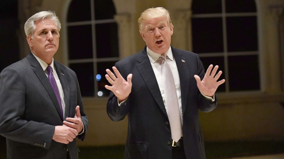 President Donald Trump speaks beside California Republican Congressman Kevin McCarthy at Trump International Golf Club in West Palm Beach, Jan. 14, 2018. 