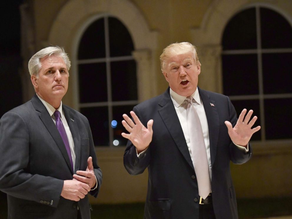 PHOTO: President Donald Trump speaks beside California Republican Congressman Kevin McCarthy at Trump International Golf Club in West Palm Beach, Jan. 14, 2018.