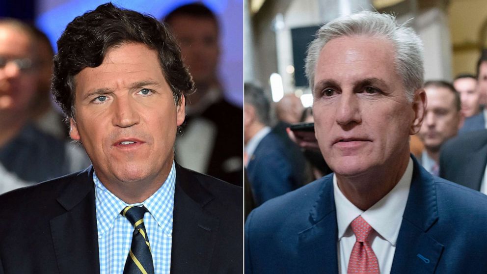 PHOTO: A split screen shows Tucker Carlson, on left, speaks during a live show, Nov. 17, 2022 in Hollywood, Fla, and House Speaker Kevin McCarthy of Calif., talks to reporters on Feb. 6, 2023, on Capitol Hill in Washington.