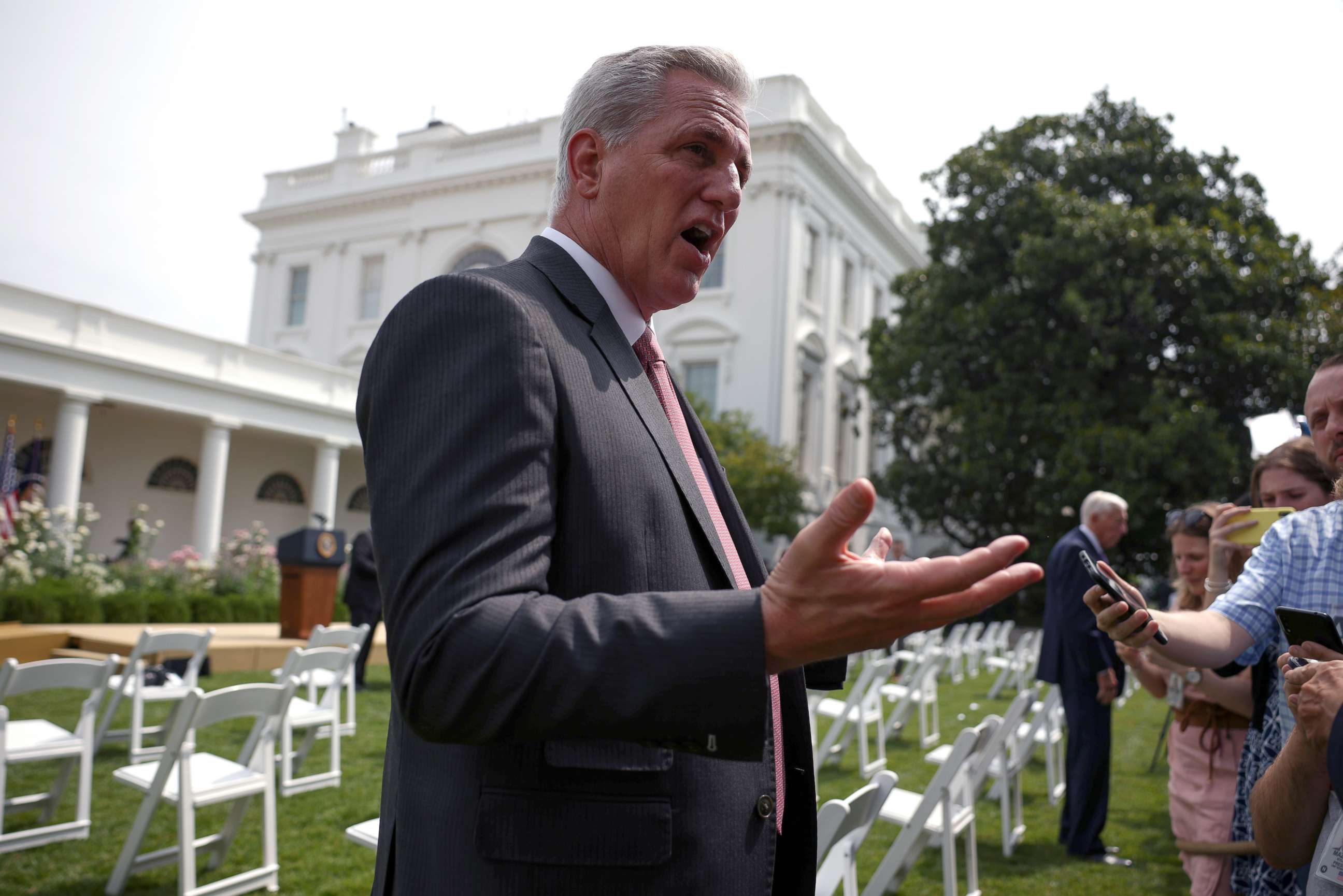PHOTO: House Minority Leader Kevin McCarthy, R-Calif., speaks to reporters before a ceremony to mark the 31st anniversary of the Americans with Disabilities Act (ADA) in the Rose Garden of the White House on July 26, 2021 in Washington.