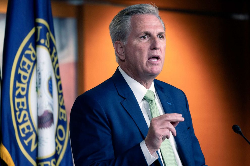 PHOTO: House Minority Leader Kevin McCarthy speaks during a news conference on Capitol Hill in Washington, April 15, 2021. 
