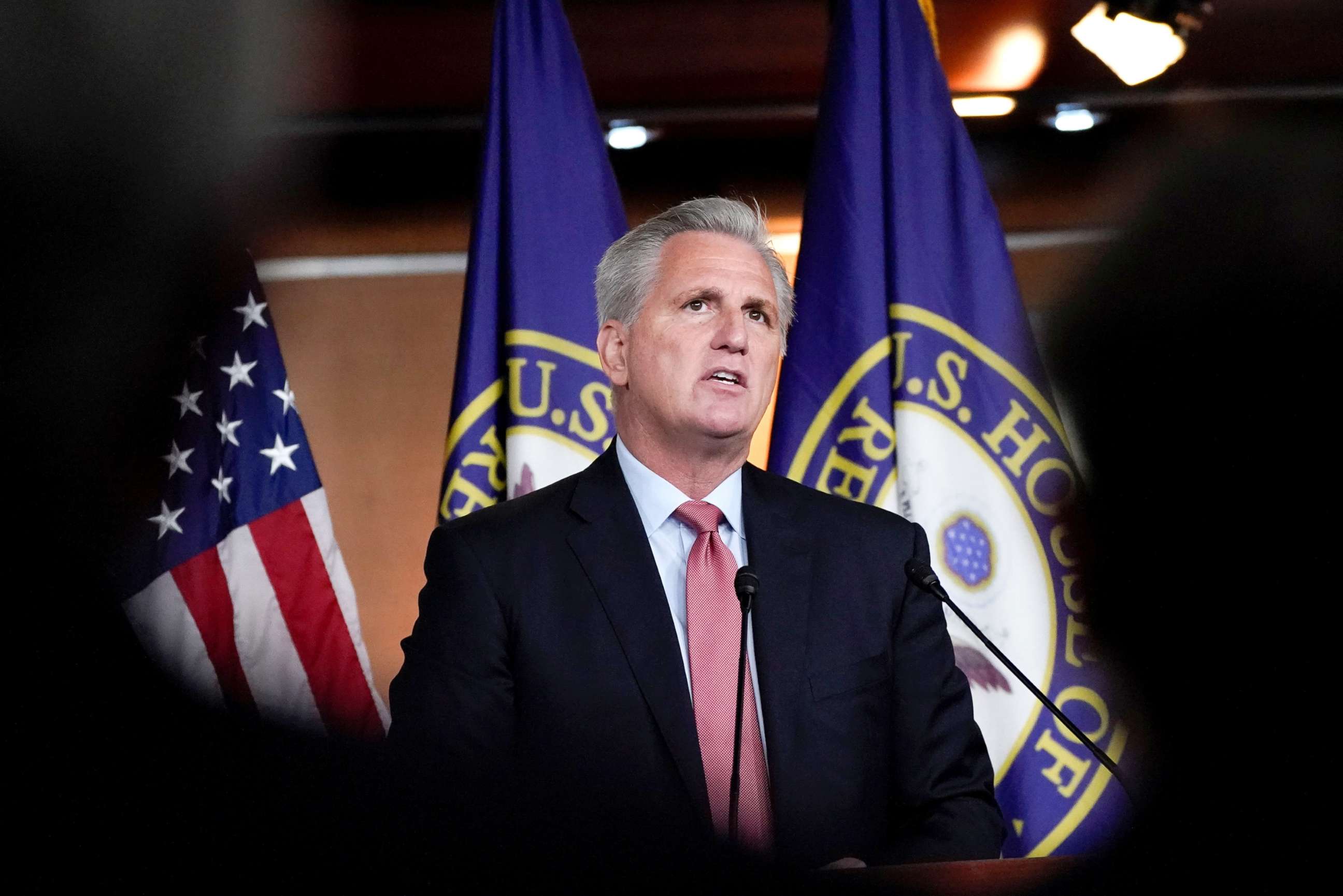 PHOTO: Minority Leader Kevin McCarthy listens to questions as he holds a news conference at the U.S. Capitol in Washington, D.C., July 22, 2021.