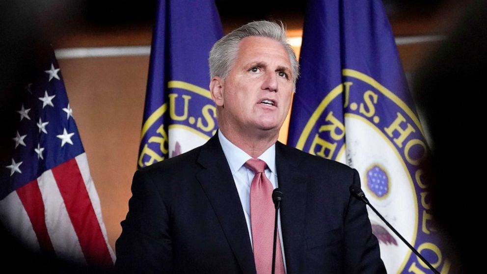 PHOTO: Minority Leader Kevin McCarthy listens to questions as he holds a news conference at the U.S. Capitol in Washington, D.C., July 22, 2021.