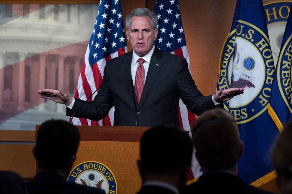 PHOTO: House Minority Leader Kevin McCarthy speaks during his weekly press conference on Capitol Hill in Washington, D.C., Nov. 18, 2021. 