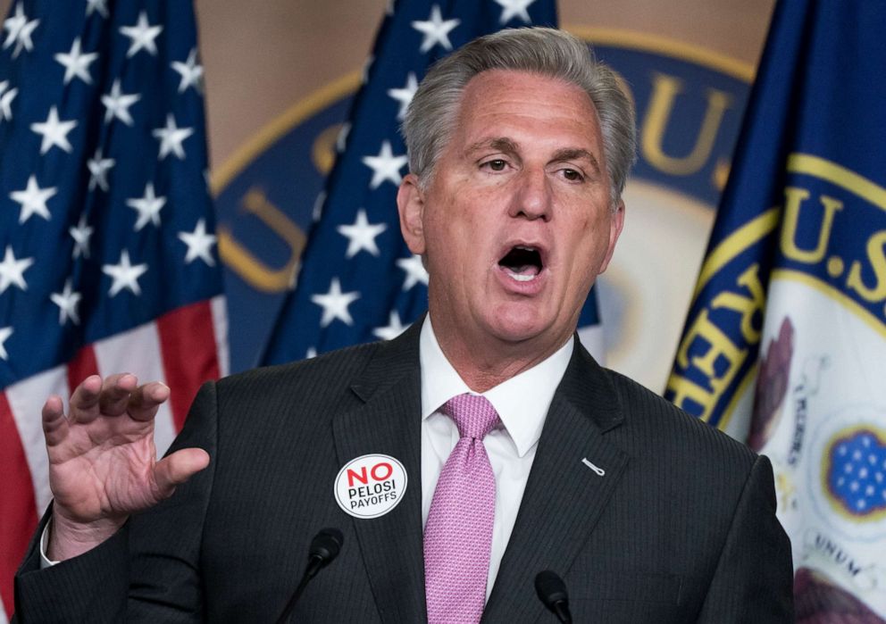 PHOTO: House Minority Leader Kevin McCarthy, R-Calif., criticizes Speaker of the House Nancy Pelosi, D-Calif., and the Democrats' $1.9 trillion COVID relief package, during a news conference at the Capitol in Washington, Friday, Feb. 26, 2021.