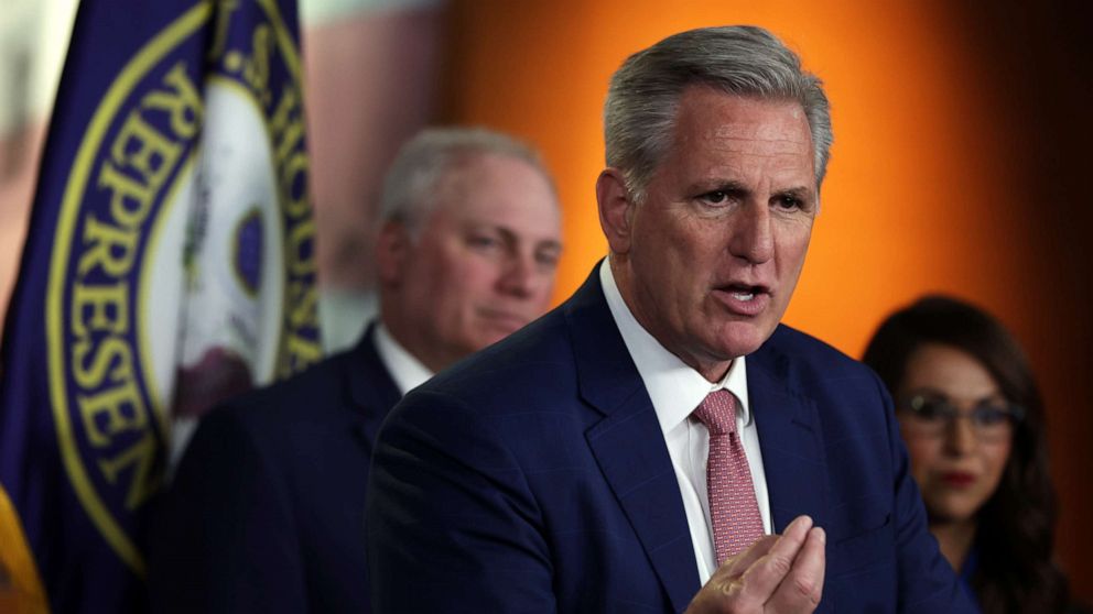 PHOTO: U.S. House Minority Leader Rep. Kevin McCarthy, R-Calif., speaks during a news conference at the U.S. Capitol, May 11, 2022 in Washington, D.C.