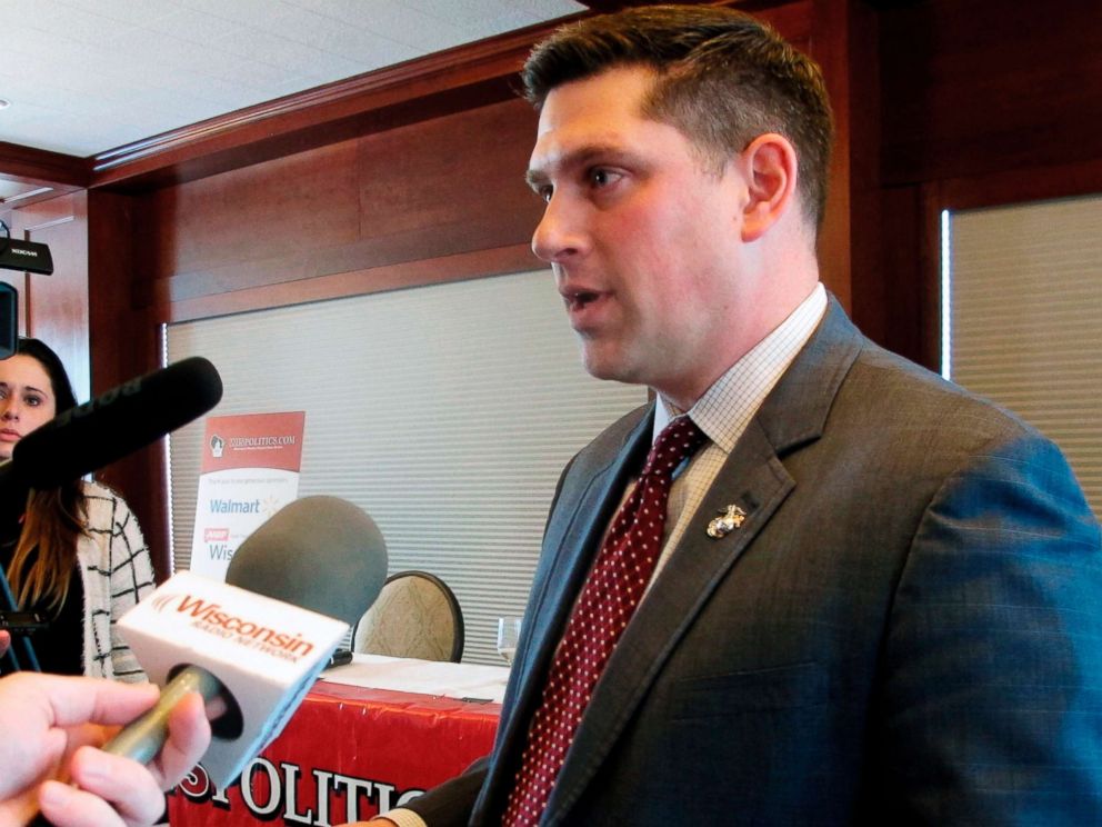 PHOTO: Wisconsin Republican Senate candidate Kevin Nicholson speaks with reporters in Madison, Wis., Jan. 30, 2018.