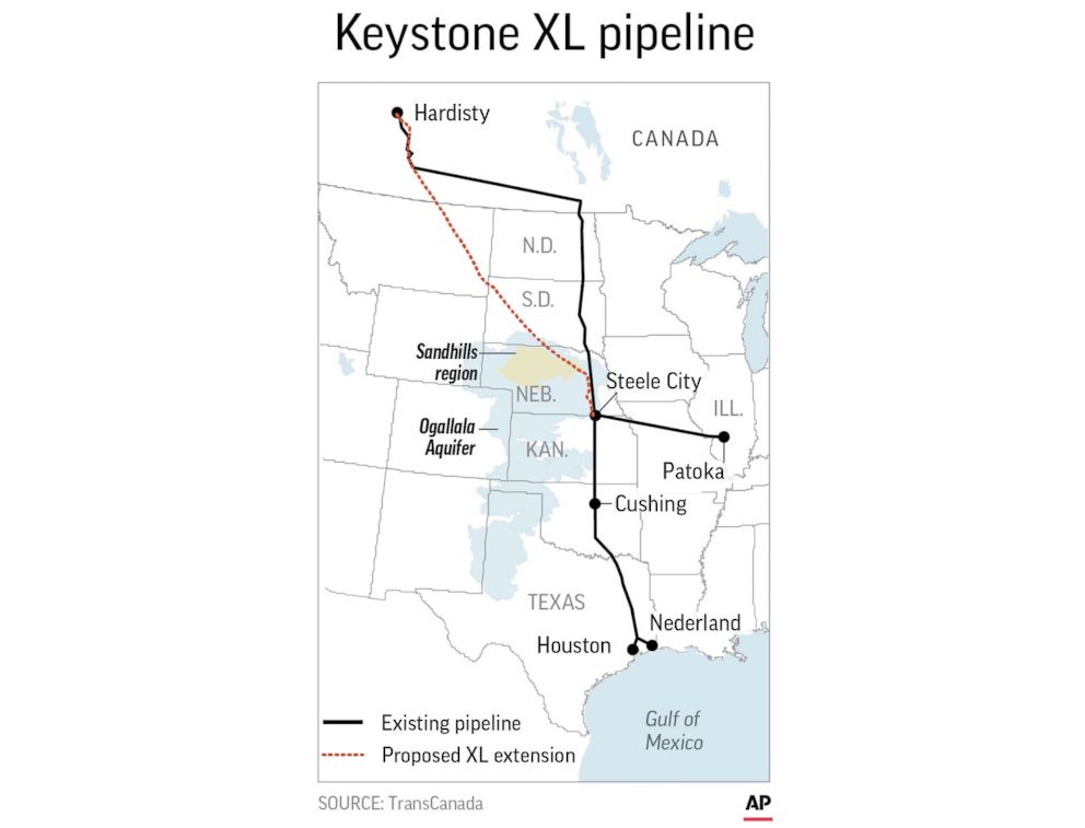 PHOTO: An AP map shows the proposed Keystone XL pipeline extension route.