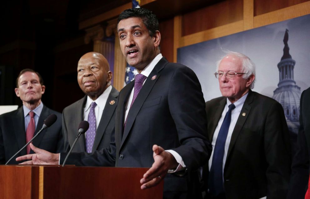 PHOTO: Rep. Ro Khanna, center, and Sen. Bernie Sanders, right, speak to reporters during a news conference on Capitol Hill in Washington, D.C., Jan. 10, 2019. Standing with left at left are Sen. Richard Blumenthal and Rep. Elijah Cummings.