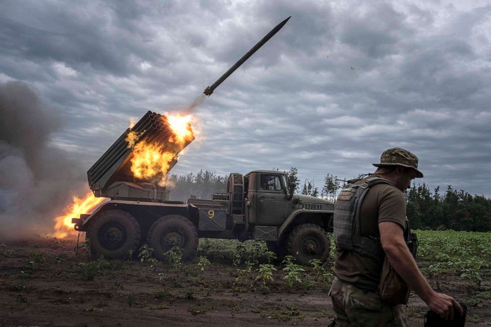 PHOTO: Ukrainian MSLR BM-21 "Grad" shoots toward Russian positions at the frontline in Kharkiv region, Ukraine, on Aug. 2, 2022. 