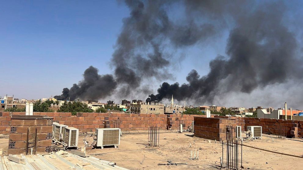 PHOTO: In this photo provided by Maheen S., smoke fills the sky in Khartoum, Sudan, near Doha International Hospital on April 21, 2023.