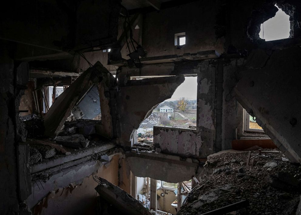 PHOTO: A destroyed apartment building is seen in the village of Arkhanhelske, Kherson region, Ukraine on Nov. 8, 2022.