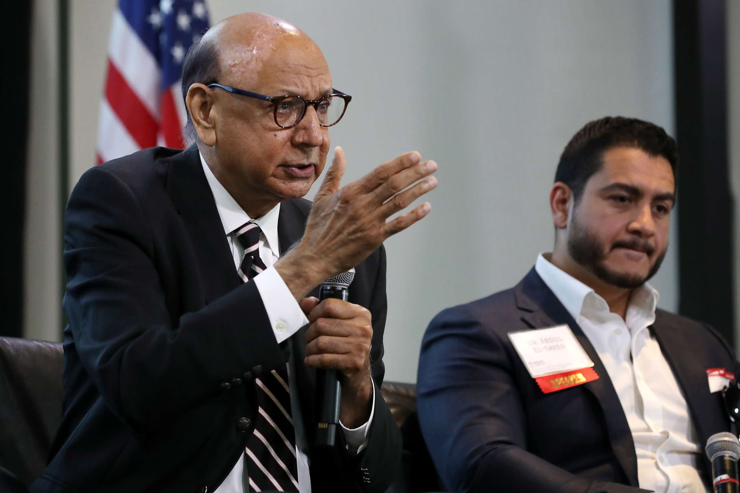 PHOTO: Gold Star father Khizr Khan speaks while participating in a panel discussion with Dr. Abdul El Sayed during the Muslim Collective For Equitable Democracy Conference and Presidential Forum, July 23, 2019, in Washington.