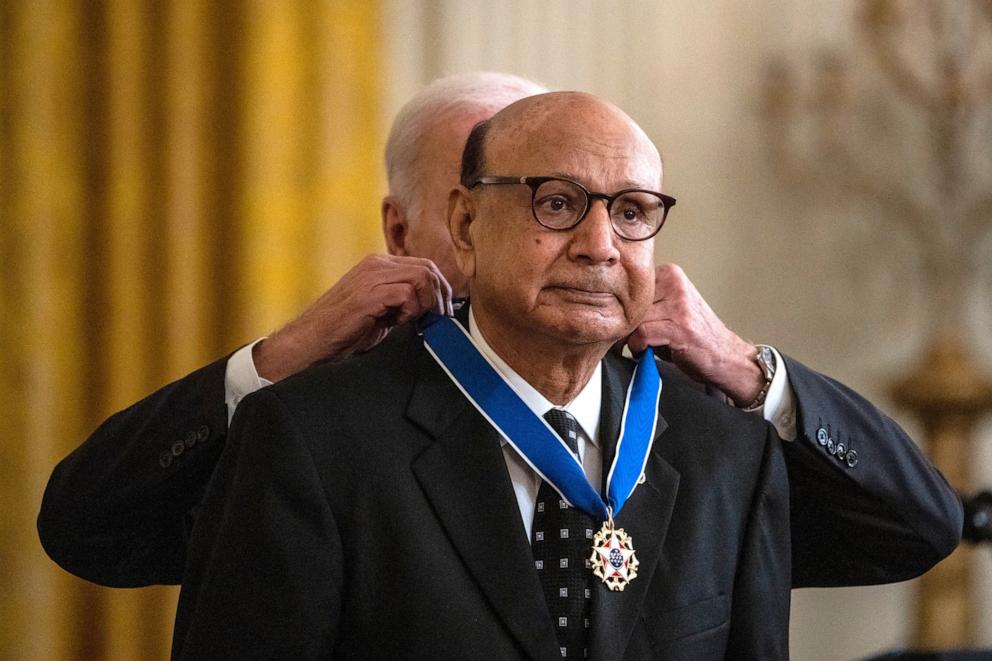 PHOTO: President Joe Biden presents the Presidential Medal of Freedom to Khizr Khan during a ceremony to awards the Presidential Medal of Freedom to seventeen recipients in the East Room of the White House, July 7, 2022 in Washington, DC.