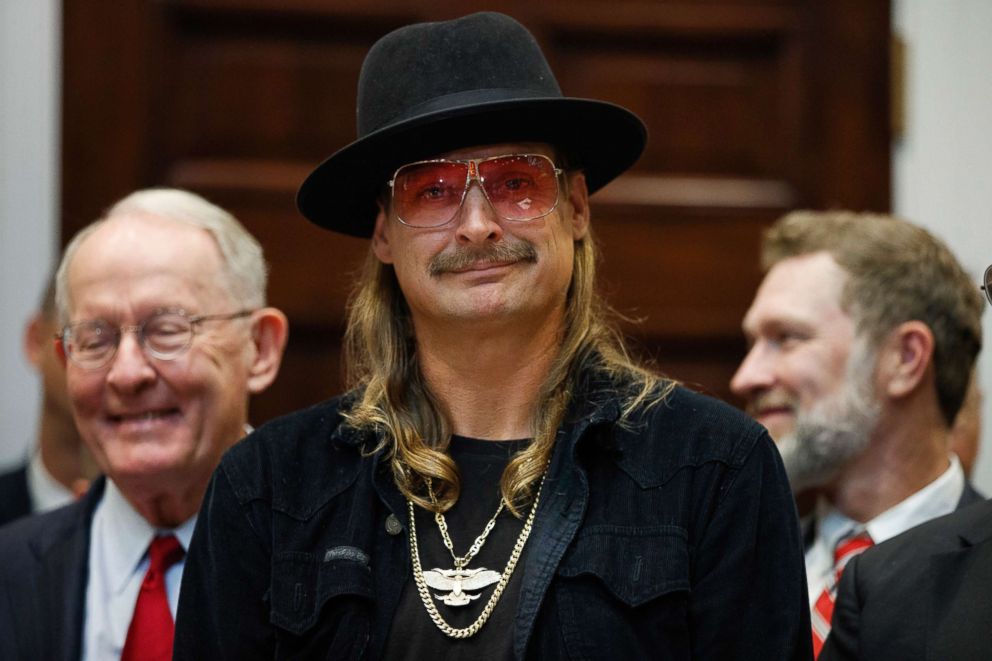 PHOTO: Musician Kid Rock listens as President Donald Trump speaks during a signing ceremony for the "Orrin G. Hatch-Bob Goodlatte Music Modernization Act," in the Roosevelt Room of the White House, Oct. 11, 2018.