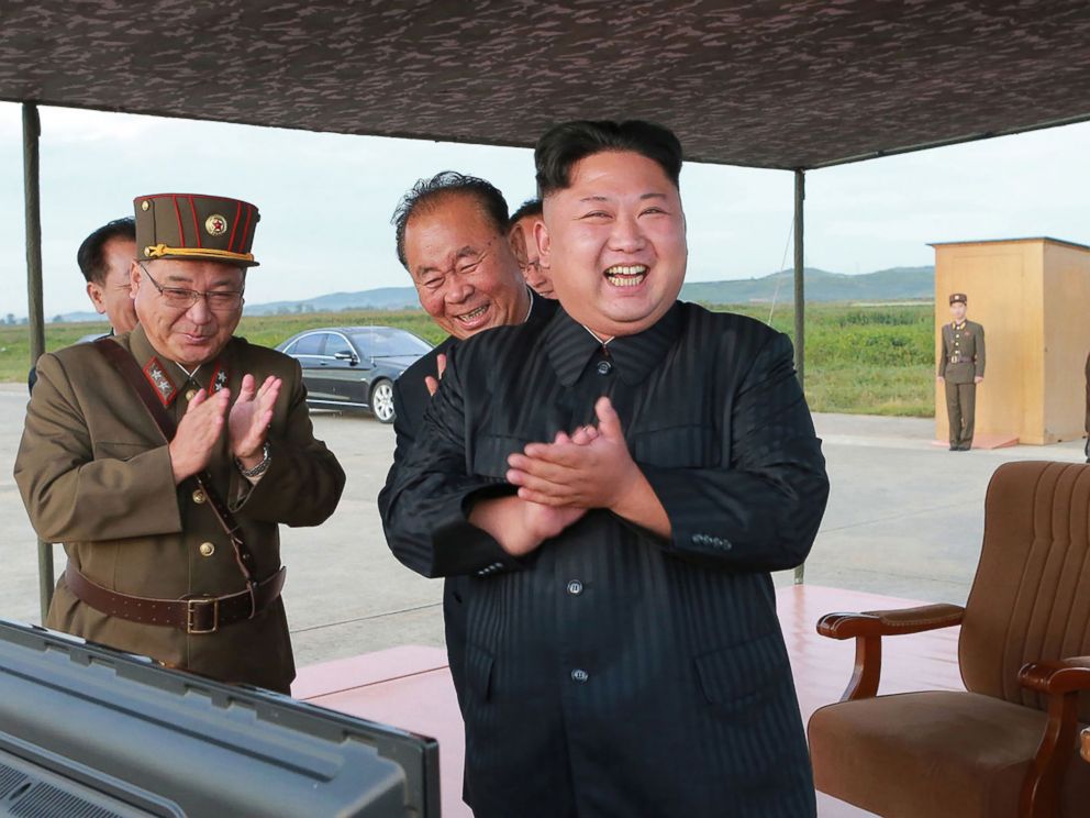 PHOTO: North Korean leader Kim Jong-Un (C) inspecting a launching drill of the medium-and-long range strategic ballistic rocket Hwasong-12 at an undisclosed location, Sept. 16, 2017.
<p itemprop=