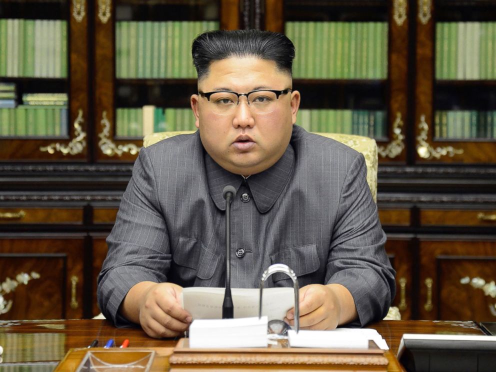 PHOTO: North Korean leader Kim Jong Un delivers a statement in response to President Donald Trumps speech to the United Nations, in Pyongyang, North Korea, Sept. 21, 2017.