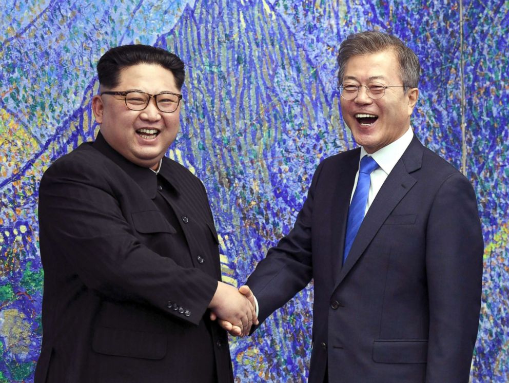 PHOTO: In this April 27, 2018, file photo, North Korean leader Kim Jong Un, left, poses with South Korean President Moon Jae-in for a photo inside the Peace House at the border village of Panmunjom in Demilitarized Zone, South Korea.