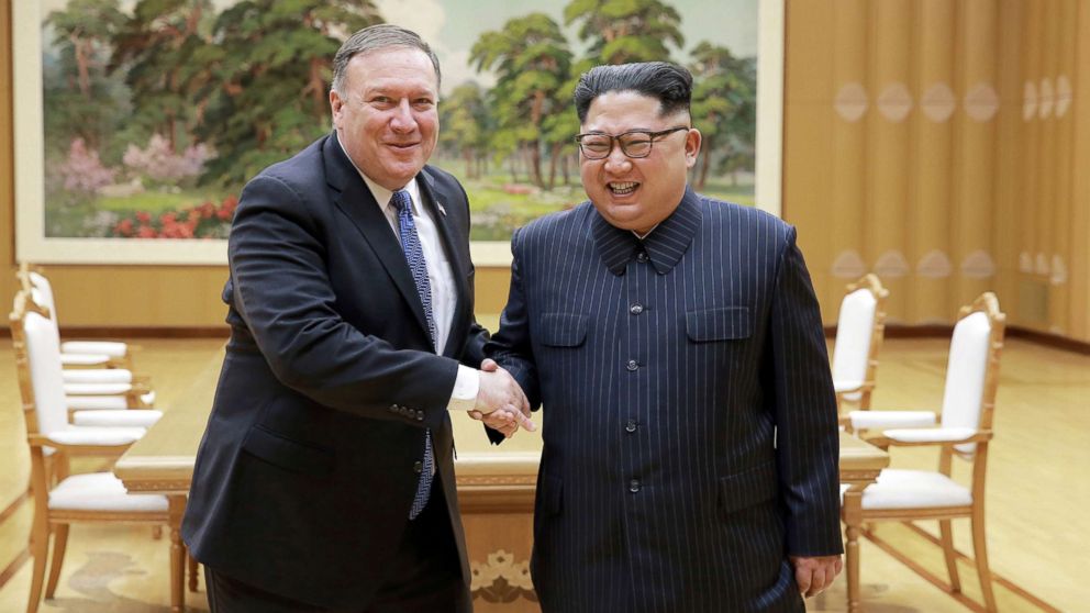PHOTO: North Korean leader Kim Jong Un meets with Secretary of State Mike Pompeo in this May 9, 2018 photo released by North Korea's Korean Central News Agency in Pyongyang.