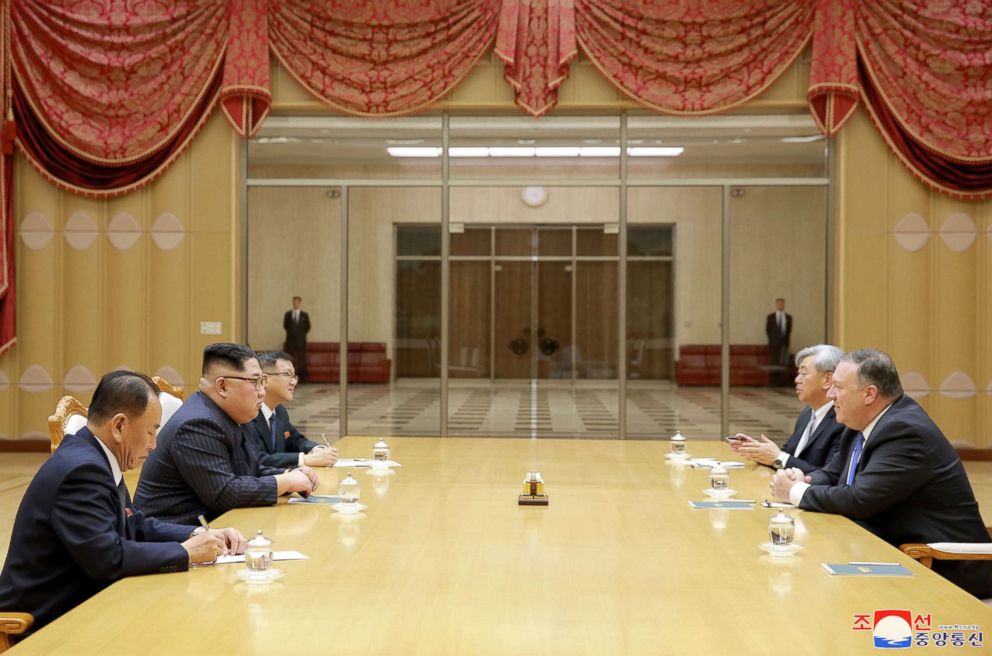 PHOTO: North Korean leader Kim Jong Un meets with Secretary of State Mike Pompeo in this May 9, 2018 photo released by North Korea's Korean Central News Agency in Pyongyang.