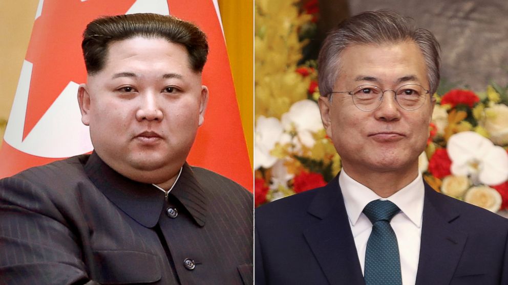 PHOTO: North Korean leader Kim Jong Un, left, March 28, 2018 and South Korean President Moon Jae-in, right, March 23, 2018. 
