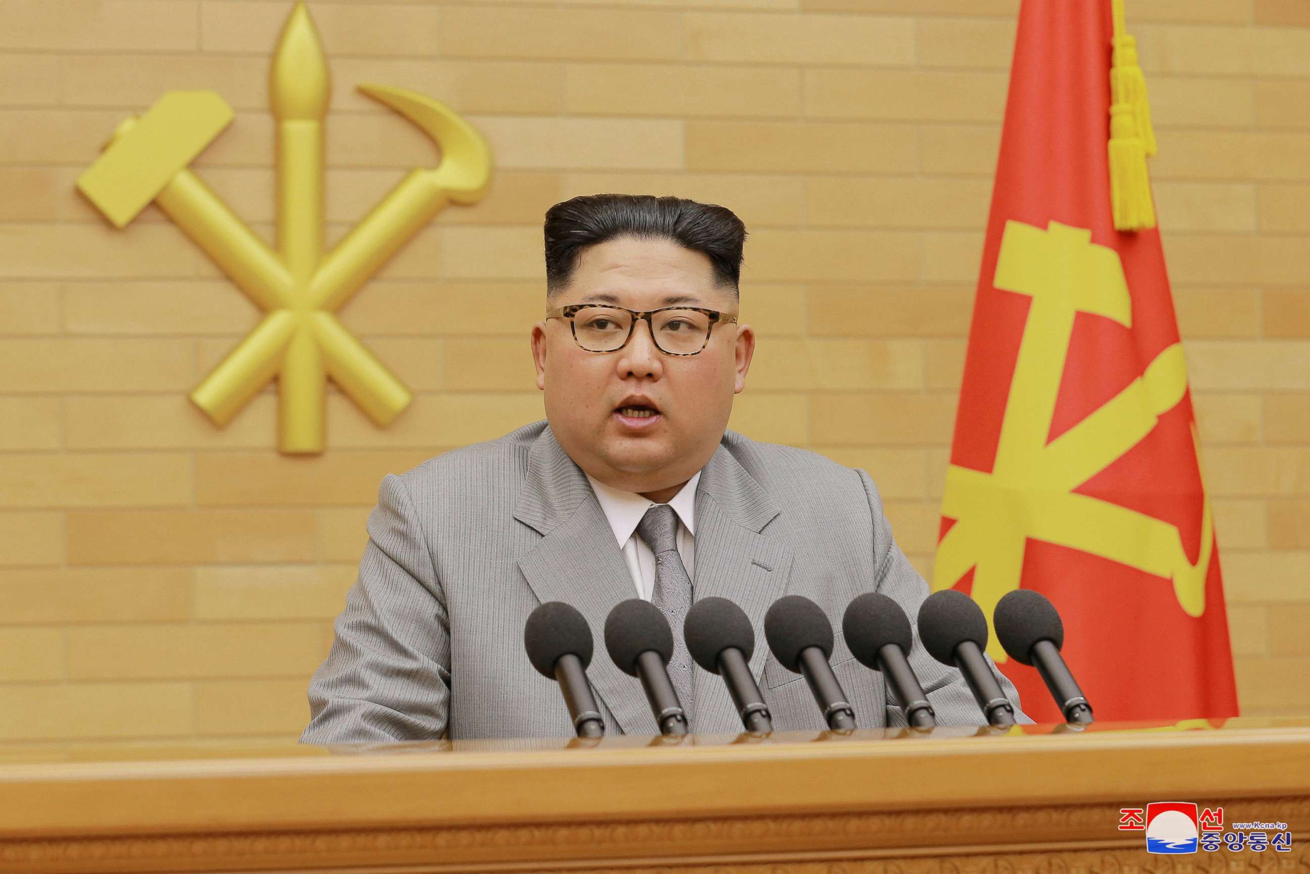 PHOTO: North Korea's leader Kim Jong Un speaks during a New Year's Day speech in this photo released by North Korea's Korean Central News Agency (KCNA) in Pyongyang, Jan. 1, 2018.