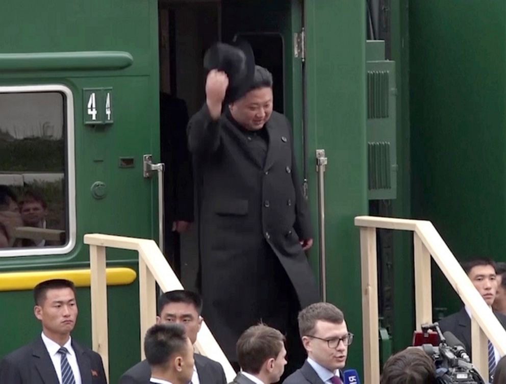 PHOTO: North Korean leader Kim Jong Un gets off a train upon arrival at Khasan train station in Primorye region, Russia, Wednesday, April 24, 2019.