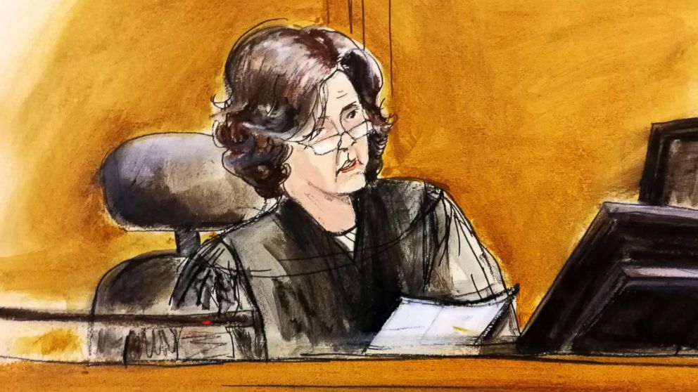 PHOTO: In this courtroom sketch, U.S. District Judge Kimba Wood presides over a federal court hearing, April 16, 2018, in New York.