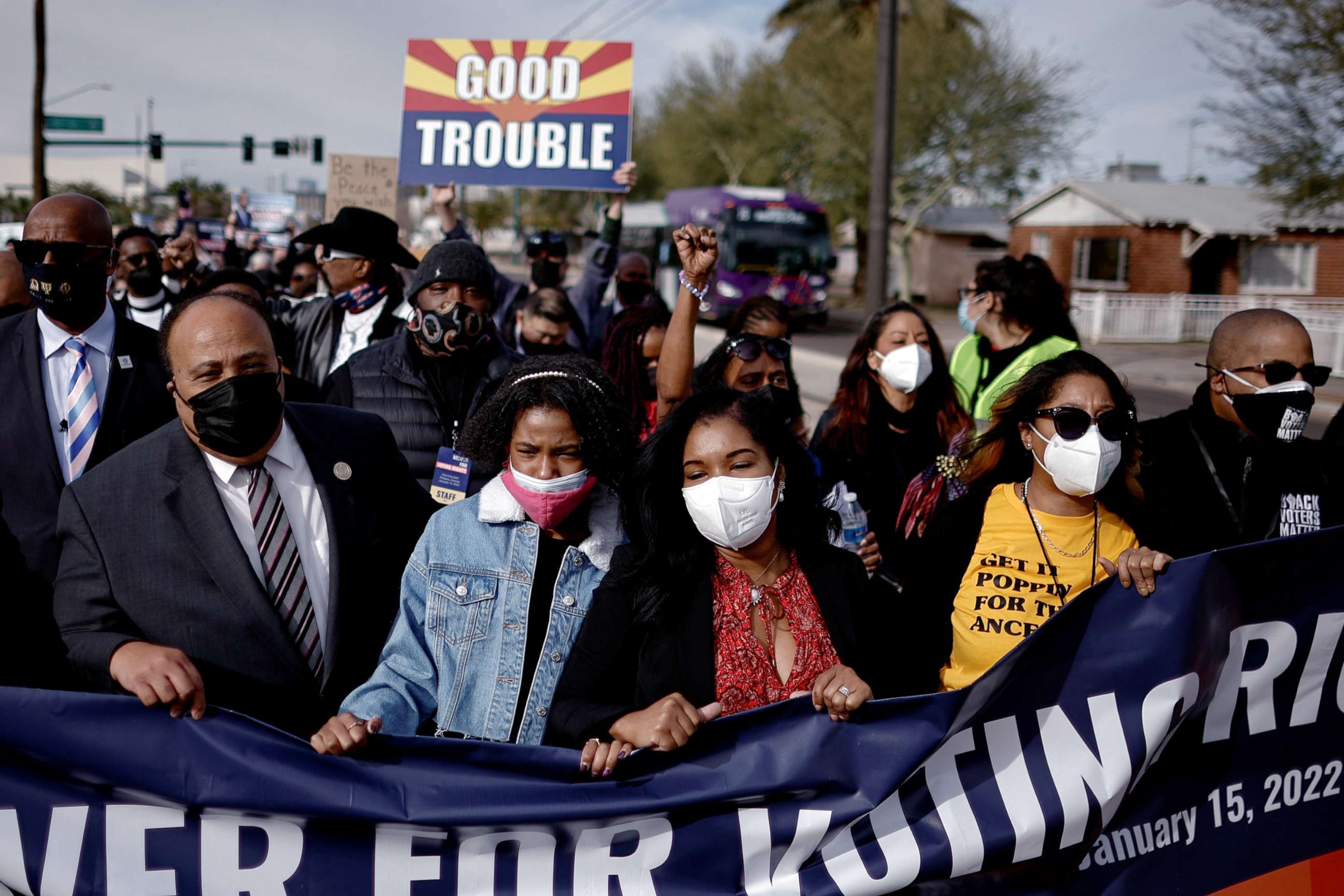 PHOTO: Martin Luther King III, the eldest son of the late civil rights activist Martin Luther King Jr., his daughter Yolanda Renee King, and wife Arndrea Waters King attend a demonstration to press for voting rights in Phoenix, Jan. 15, 2022.