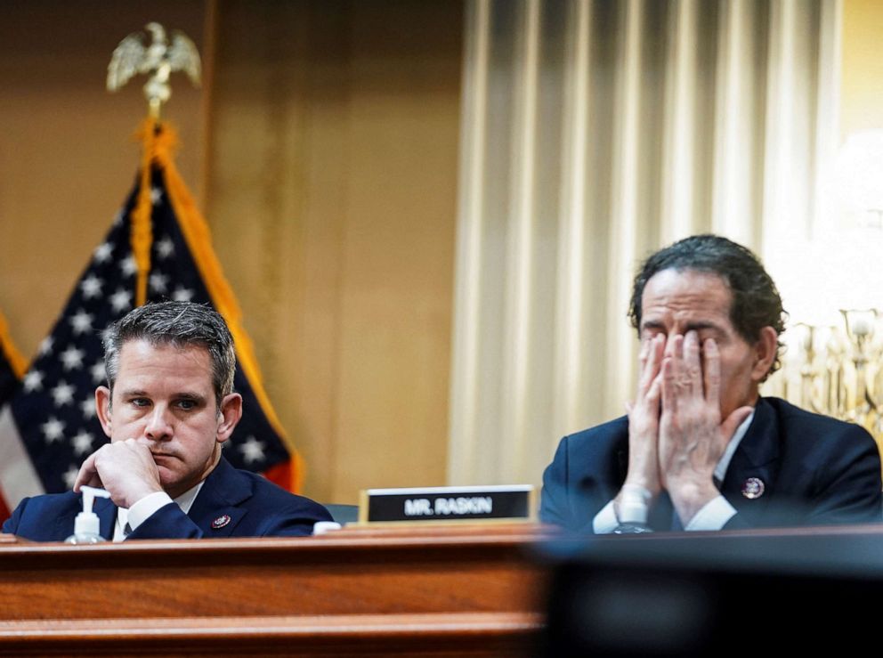 PHOTO: U.S. Representative Adam Kinzinger and U.S. Representative Jamie Raskin attend the third of eight planned public hearings of the U.S. House Select Committee to investigate the Jan. 6 Attack on the US Capitol, in Washington, D.C., June 16, 2022. 