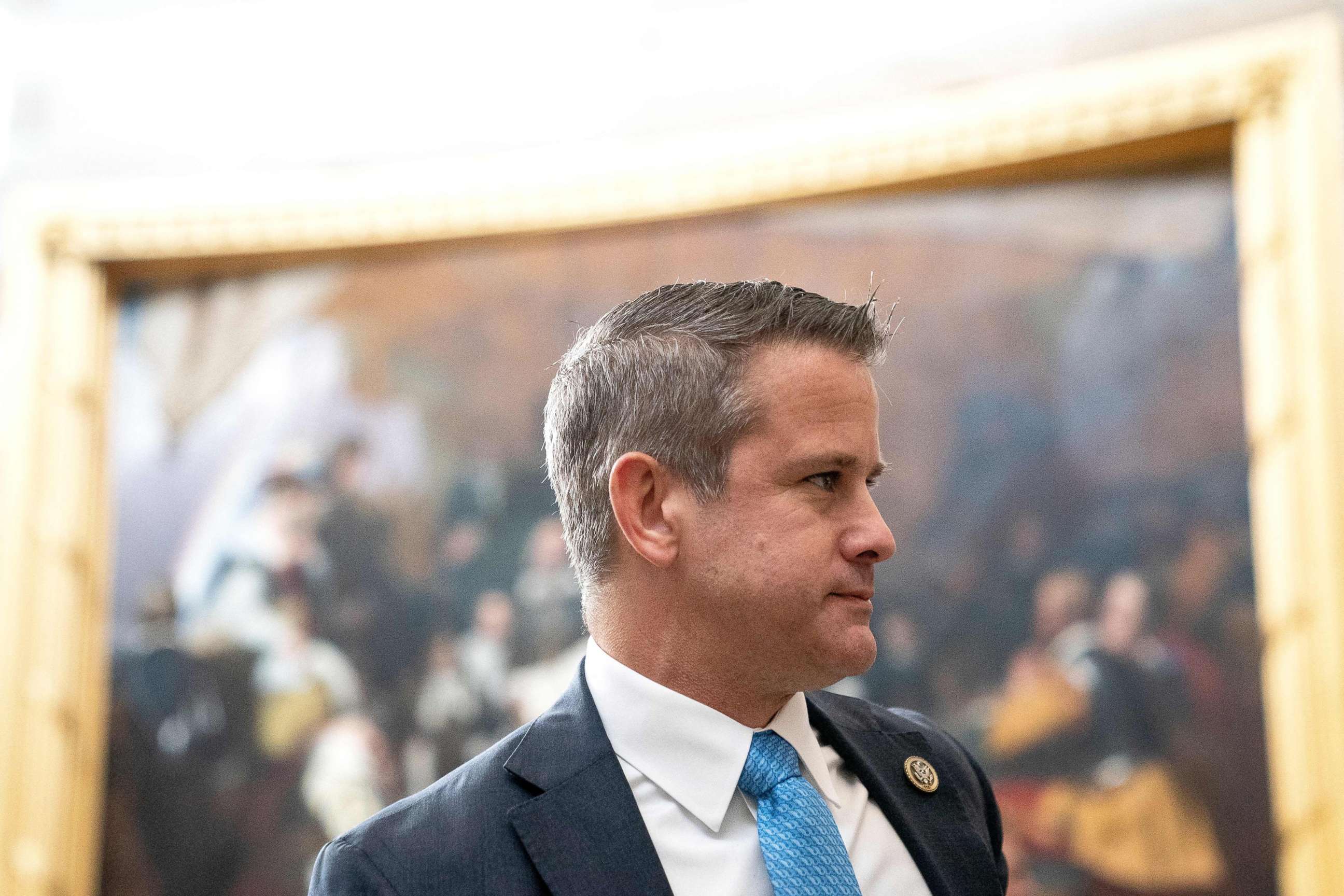 PHOTO: Rep. Adam Kinzinger speaks to members of the Ukrainian Parliament in the rotunda of the US Capitol in Washington on April 27, 2022.