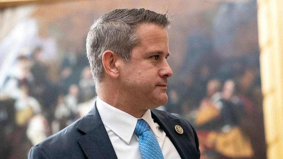 PHOTO: Rep. Adam Kinzinger speaks to members of the Ukrainian Parliament in the rotunda of the US Capitol in Washington on April 27, 2022.