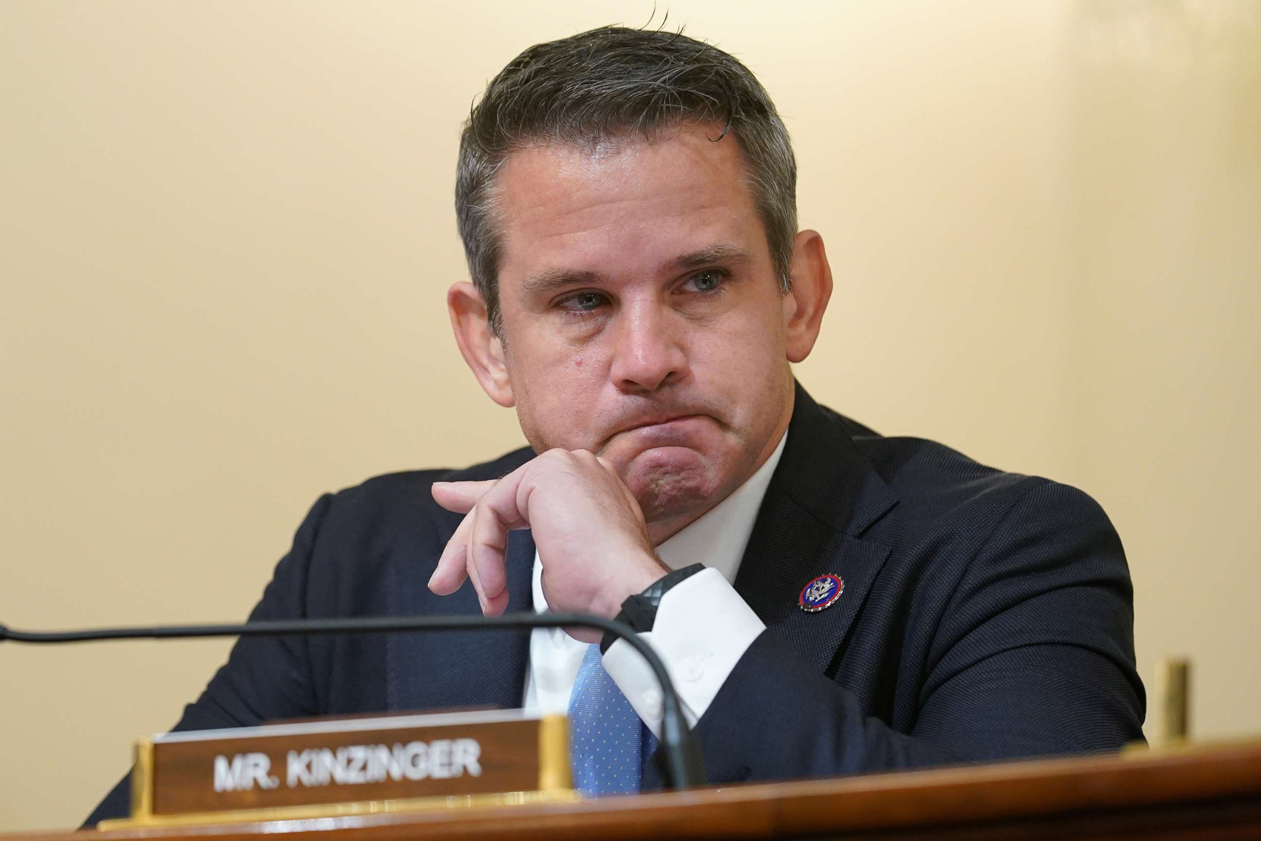 PHOTO: Rep. Adam Kinzinger listens during the House select committee hearing on the Jan. 6 attack on Capitol Hill in Washington, D.C., July 27, 2021.