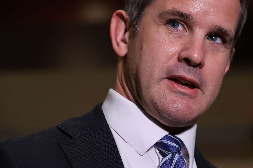 PHOTO: Rep. Adam Kinzinger talks to reporters in the  in the U.S. Capitol Visitors Center following a House Republican conference meeting on May 12, 2021, in Washington, to remove Conference Chair Liz Cheney from her leadership position.