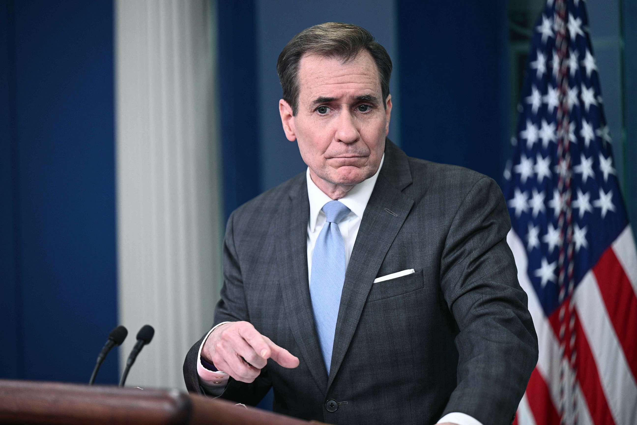 PHOTO: National Security Council Coordinator for Strategic Communications John Kirby speaks during the daily briefing in the Brady Briefing Room of the White House, Feb. 10, 2023.