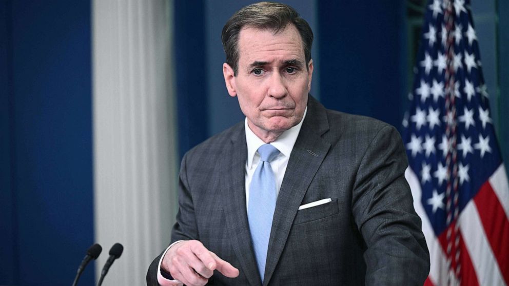 PHOTO: National Security Council Coordinator for Strategic Communications John Kirby speaks during the daily briefing in the Brady Briefing Room of the White House, Feb. 10, 2023.
