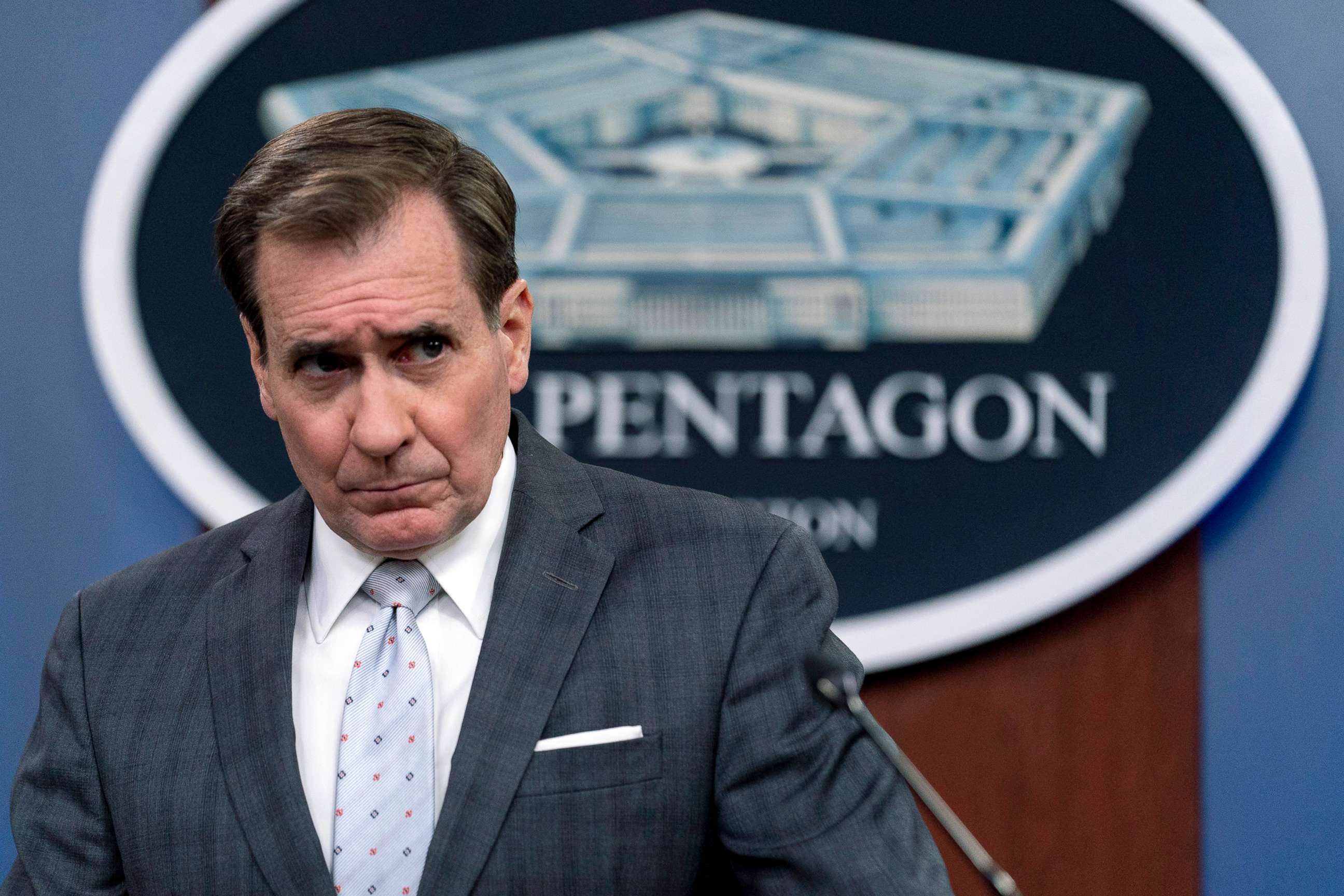 PHOTO: PPentagon spokesman John Kirby takes a question from a reporter during a briefing at the Pentagon, Feb. 2, 2022, in Arlington, Va. 