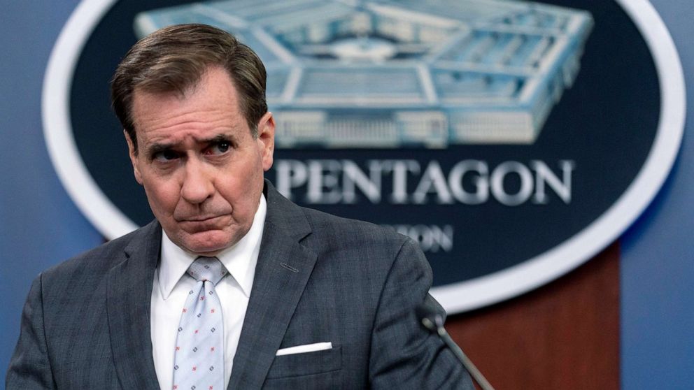 PHOTO: PPentagon spokesman John Kirby takes a question from a reporter during a briefing at the Pentagon, Feb. 2, 2022, in Arlington, Va. 