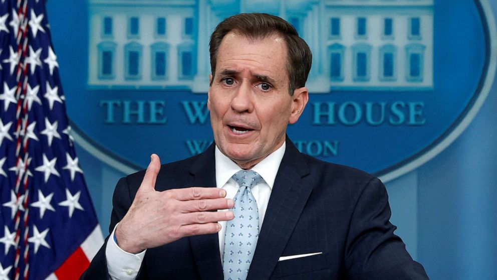 PHOTO: John Kirby, National Security Council Coordinator for Strategic Communications, answers questions during the daily press briefing at the White House, Feb. 13, 2023.