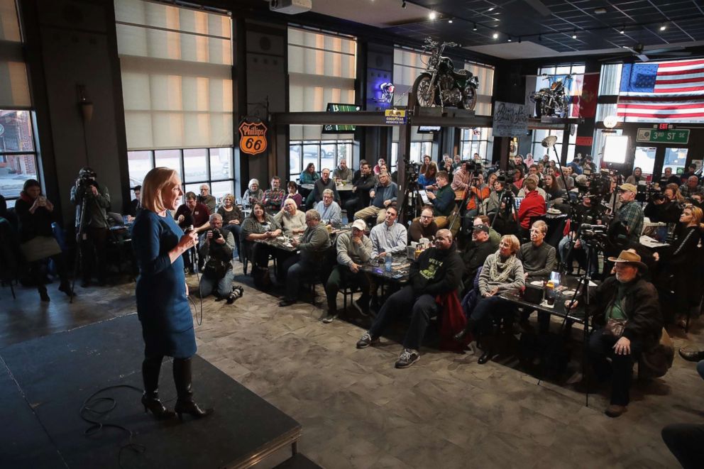 PHOTO: Senator Kirsten Gillibrand speaks to guests during an election call at the Chrome Horse Saloon on February 18, 2019 in Cedar Rapids, Iowa.