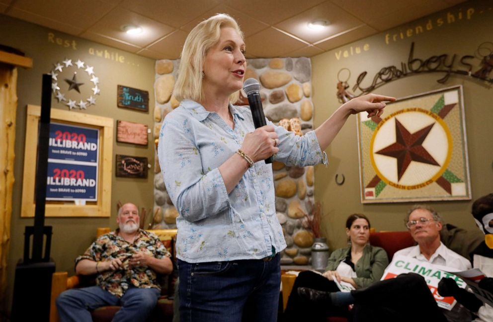 PHOTO: Democratic presidential candidate Sen. Kirsten Gillibrand speaks to local residents at a coffee shop, Saturday, May 25, 2019, in Mason City, Iowa.