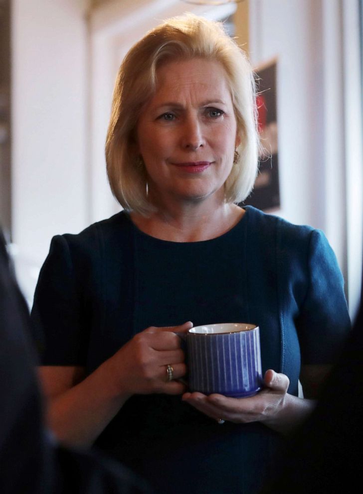 PHOTO: Democratic presidential candidate Sen. Kirsten Gillibrand listens to a question during a campaign stop at a coffee shop in Derry, N.H., May 10, 2019.