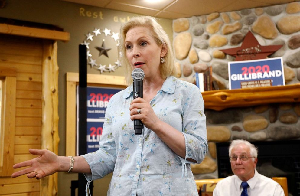 PHOTO: Democratic presidential candidate Sen. Kirsten Gillibrand speaks to local residents at a coffee shop on May 25, 2019, in Mason City, Iowa.