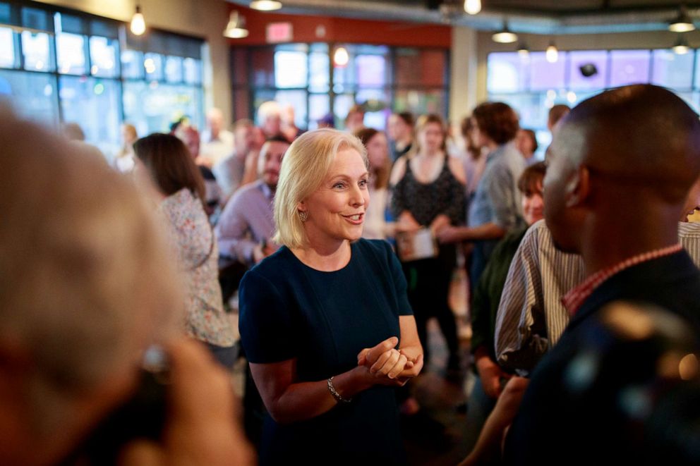 PHOTO: Sen. Kirsten Gillibrand speaks with Drake University Democrats at Papa Keno's Pizzeria in Des Moines, Iowa, April 17, 2019.