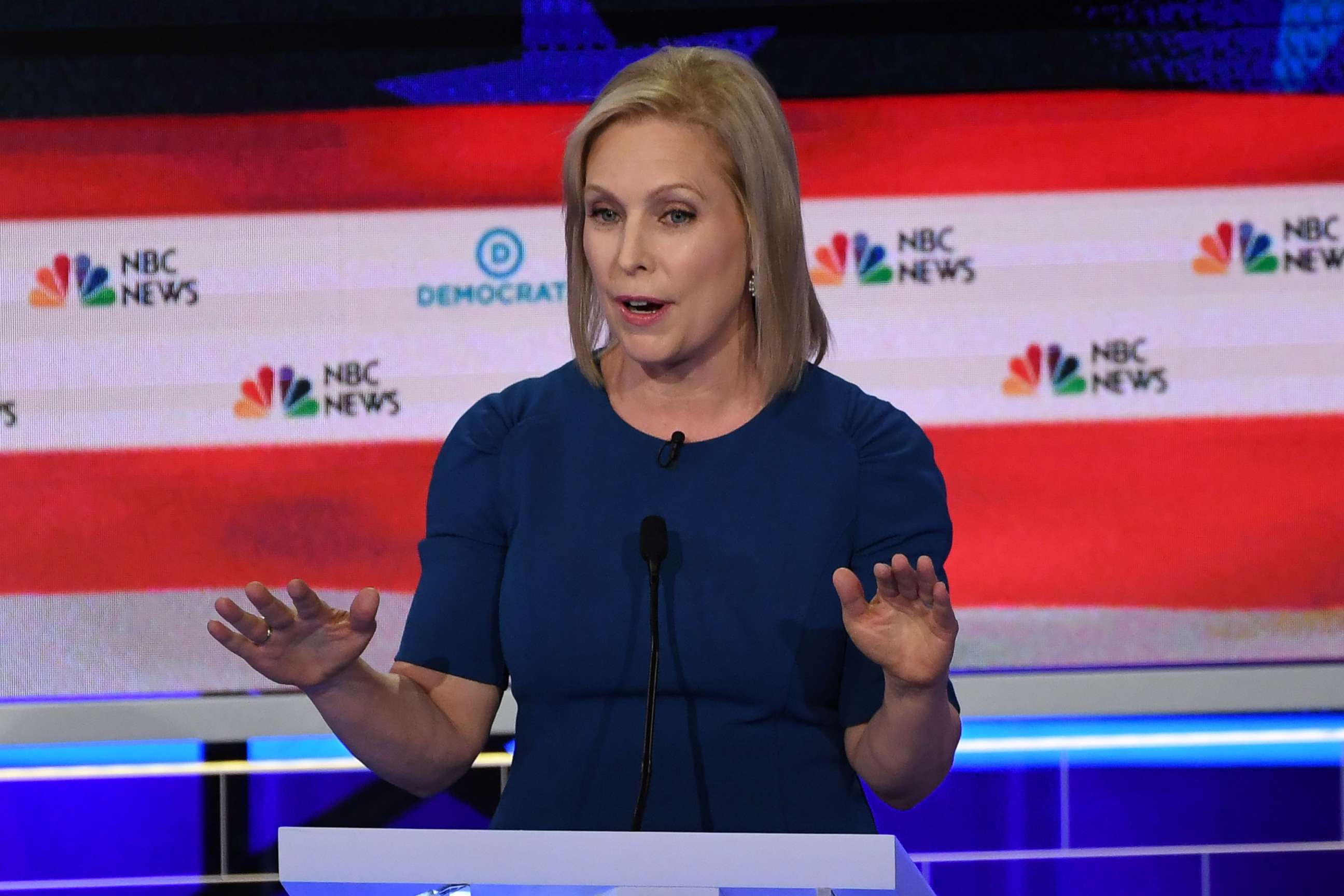 PHOTO: Kristen Gillibrand participates in the second night of the first 2020 democratic presidential debate at the Adrienne Arsht Center for the Performing Arts in Miami, June 27, 2019.