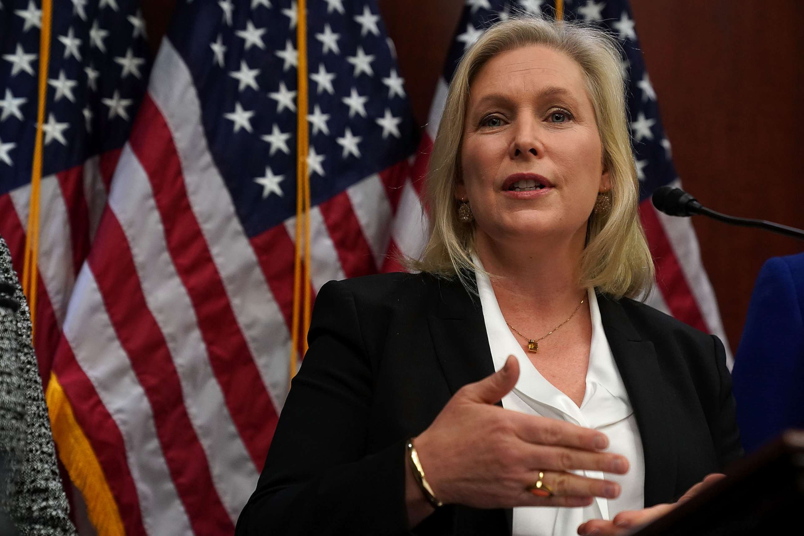 PHOTO: U.S. Sen. Kirsten Gillibrand (D-NY) speaks during a news conference, Dec. 6, 2017, on Capitol Hill in Washington. The lawmaker unveiled bipartisan legislation to help prevent sexual harassment.  