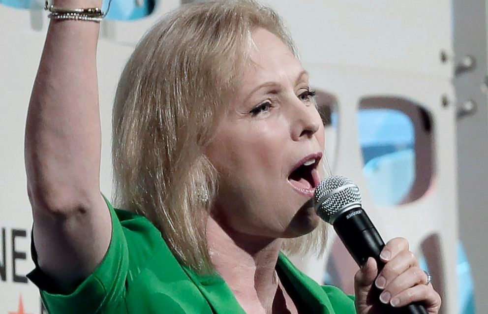 PHOTO: Democratic presidential candidate Kirsten Gillibrand waves as she leaves the stage after speaking to a forum sponsored by Netroots, Saturday, July 13, 2019 at the Pennsylvania Convention Center in Philadelphia.